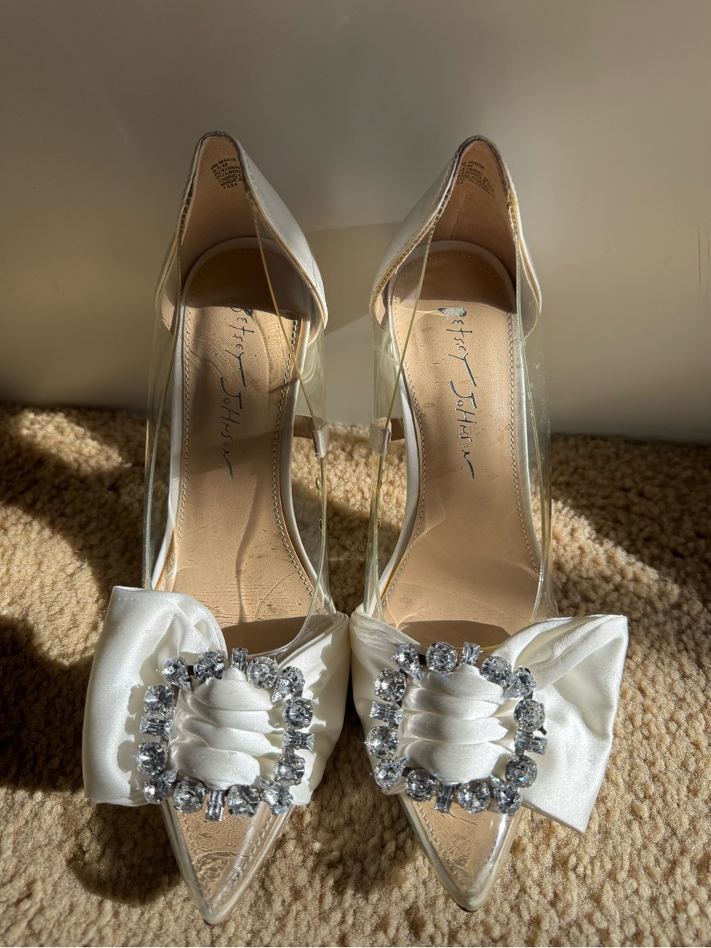 Betsey Johnson White Satin Pointed Pumps with Crystal Bow